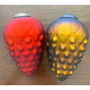 Vintage Kugel Style Ornament Set of 2 Blown Glass Red Gold Grape  6.5 Inch H